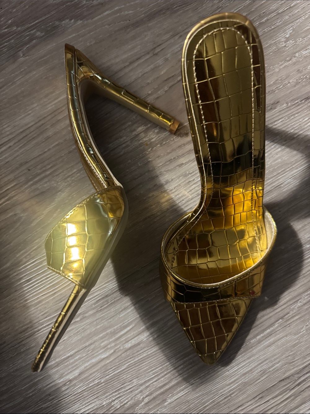 Gold Croc-Embossed Pointed Toe Mule Heels - Women's
